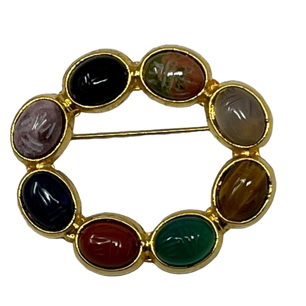 Scarab Brooch Multi Color‎ Gold Tone Vintage Oval Pin